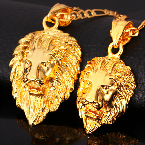 Hip Hop Gold Necklace Men Women Real Gold Plated Big Lion Head Pendant