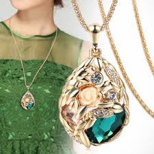 Long Necklace Gold Plated Popcorn Chain Austrian Crystal Jewelry Pendant Necklaces