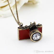 Anitque Gold Long Chain Colorful Enamel Camera Pendant Necklaces