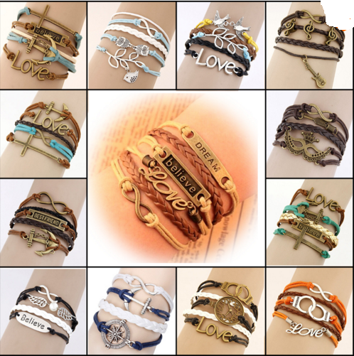 Vintage Multilayer Charm Leather Bracelet Women Owl Cross Believe Bracelets